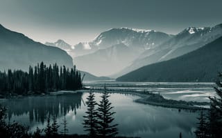 Картинка природа, утро, Канада, озеро, монохромный, пейзаж, горы, национальный парк Банф