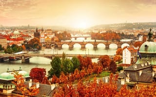 Картинка Прага, Осень, Город, Чехия, Река, Мост, Дома