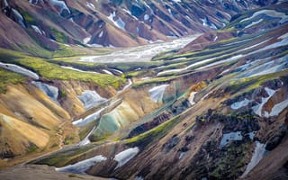 Картинка Исландия, Landmannalaugar, Горы, Природа, Мох, Снег