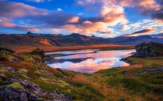 Картинка природа, вулкан, восход, облака, горы, отражение, Исландия, озеро