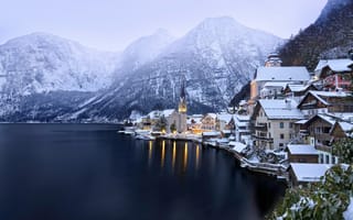 Картинка город, Hallstatt, Австрия, горы, красиво, Зима