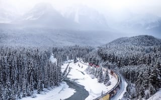 Картинка природа, горы, тепловоз, горная река, состав, поезд, путь, Канада, жд