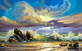 Картинка море, камни, берег, небо, Ходюков Александр, солнце, облака, живопись, чайки, волна
