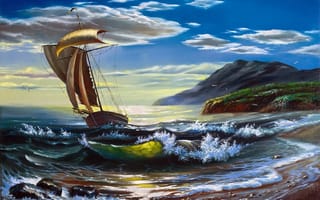 Картинка лодка, Ходюков Александр, шторм, море, живопись