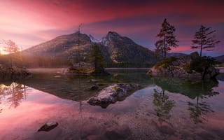 Картинка природа, Бавария, отражение, озеро, восход, горы