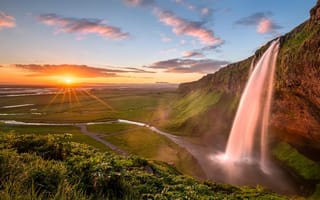 Обои красиво, скалы, солнце, водопад, природа, Исландия