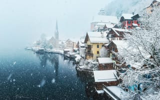 Картинка зима, снег, городок, Австрия, Гальштат