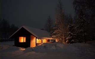 Картинка природа, красиво, домик, вечер, зима