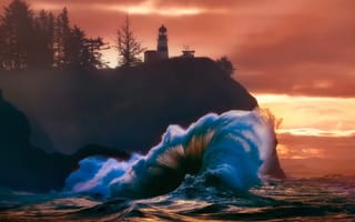 Картинка природа, волна, скалы, море, маяк