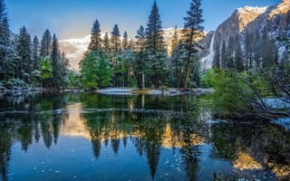 Картинка Зимний пейзаж, Калифорния, Национальный парк Йосемити, Горная река Вуд