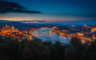 Картинка будапешт, дунай, огни, венгрия, здания, мост, река, ночь