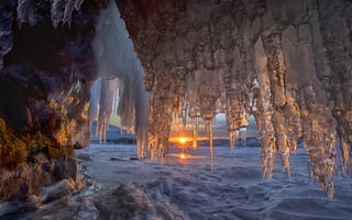 Картинка лед, закат, холодный свет, Андрей Ершов, грот, сосульки