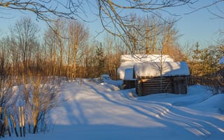 Картинка конец зимы, Марина Мурашова, снег, лес, солнце, домики