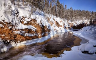 Картинка лес, обрыв, река, снег, KrubeK