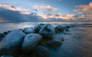 Картинка море, горизонт, камни, небо, by Aivars, облака, лед