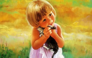 Картинка девочка, луг, художник дональд золан, котенок, арт