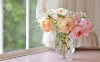 Картинка подоконник, розы, вазочка, занавески, цветы