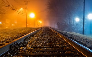 Картинка туман, железная дорога, ночь