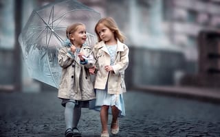 Картинка дети, мостовая, девочки, подружки, зонт