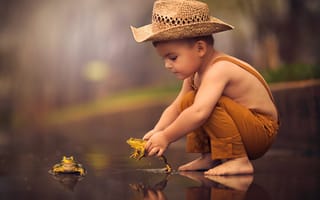 Картинка Jake Olson, мальчик, природа, лягушки, вода, шляпа, ребёнок, игра