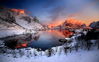 Картинка Норвегия, горы, закат, зима, дома, снег, озера
