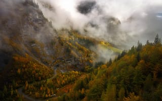 Картинка дорога, Базанов Андрей, туман, Швейцария, облака, лес, горы