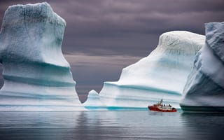 Картинка айсберги, красиво, корабль, лед