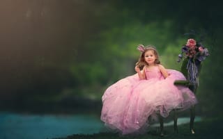 Обои ребёнок, платье, кресло, принцесса, лужайка, наряд, корона, природа, цветы, девочка