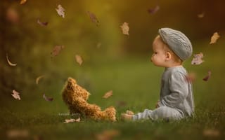 Картинка Katrina Parry, листья, ребёнок, малыш, игрушка, осень, трава, мишка, природа