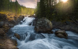 Картинка природа, каскад, Ole Henrik Skjelstad, Норвегия, лес, водопад, камни, река
