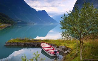 Обои Норвегия, фьорд, лодка, красиво, горы