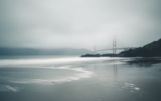 Картинка Сан-Франциско, море, туман, утро, пляж, песок, мост