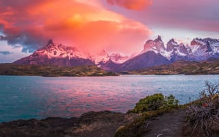 Картинка море, Федоров Константин, алое небо, Чили, Патагония, горы