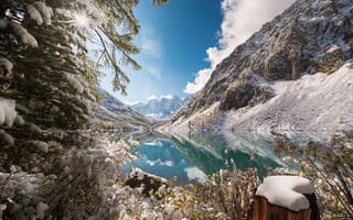 Картинка небо, Дин Зарго, снег, отражение, ели, горы, озеро
