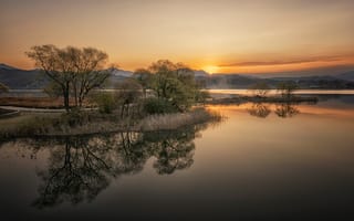 Картинка природа, восход, Южная Корея, отражение, река, утро