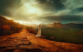 Картинка природа, скалы, белое платье, девушка, закат, горы
