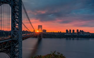 Картинка мосты, фотограф David Dai, Нью-Йорк, небо, CША, солнце, город, вода
