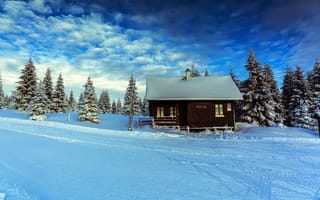 Картинка природа, дом, пейзаж, ёлки, облака, небо, деревья, ели, снег, зима