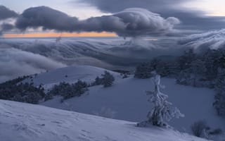Картинка Владимир Рябков, снега, Крым, зима, пейзаж, природа, ели, утро, облака, холмы, Демерджи, деревья