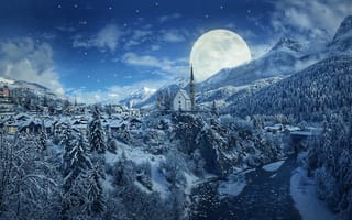 Картинка Зима, Снег, Природа, река, часовня, луна