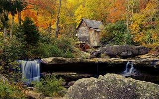 Картинка природа, мельница, осень, камни, небо, деревья, лес, ручей