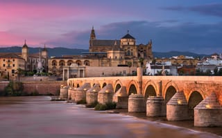 Картинка Римский мост, Кордоба, Андалусия, закат, Испания, Skyline