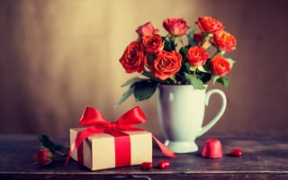 Картинка праздник, букет, коробка, цветы, розы, подарок