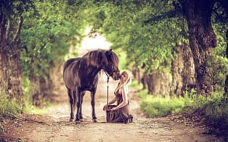 Картинка девушка, парк, аллея, лошадь