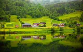 Картинка деревенька, лес, река, отражение, норвегия