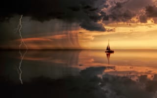 Картинка море, яхта, закат, молния
