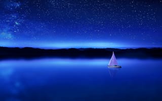 Картинка ночь, море, звезды, 3d графика, кораблик, холмы, небо