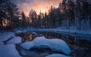 Картинка небо, озеро Ringerike, Норвегия, фотограф Ole Henrik Skjelstad, снег, деревья