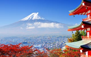 Картинка Япония, дома, пагода, гора, обоака, Фудзияма, город