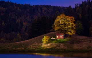 Картинка Норвегия, природа, леса, пейзаж, вечер, водоём, деревья, дом, берег